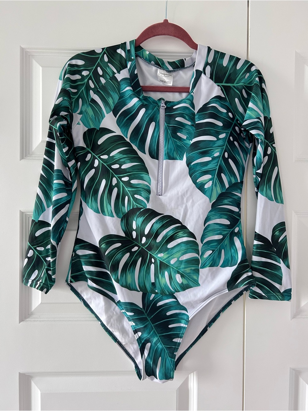 Girls' Long-Sleeve One-Piece Swimsuit - Green Tropical Leaf Print